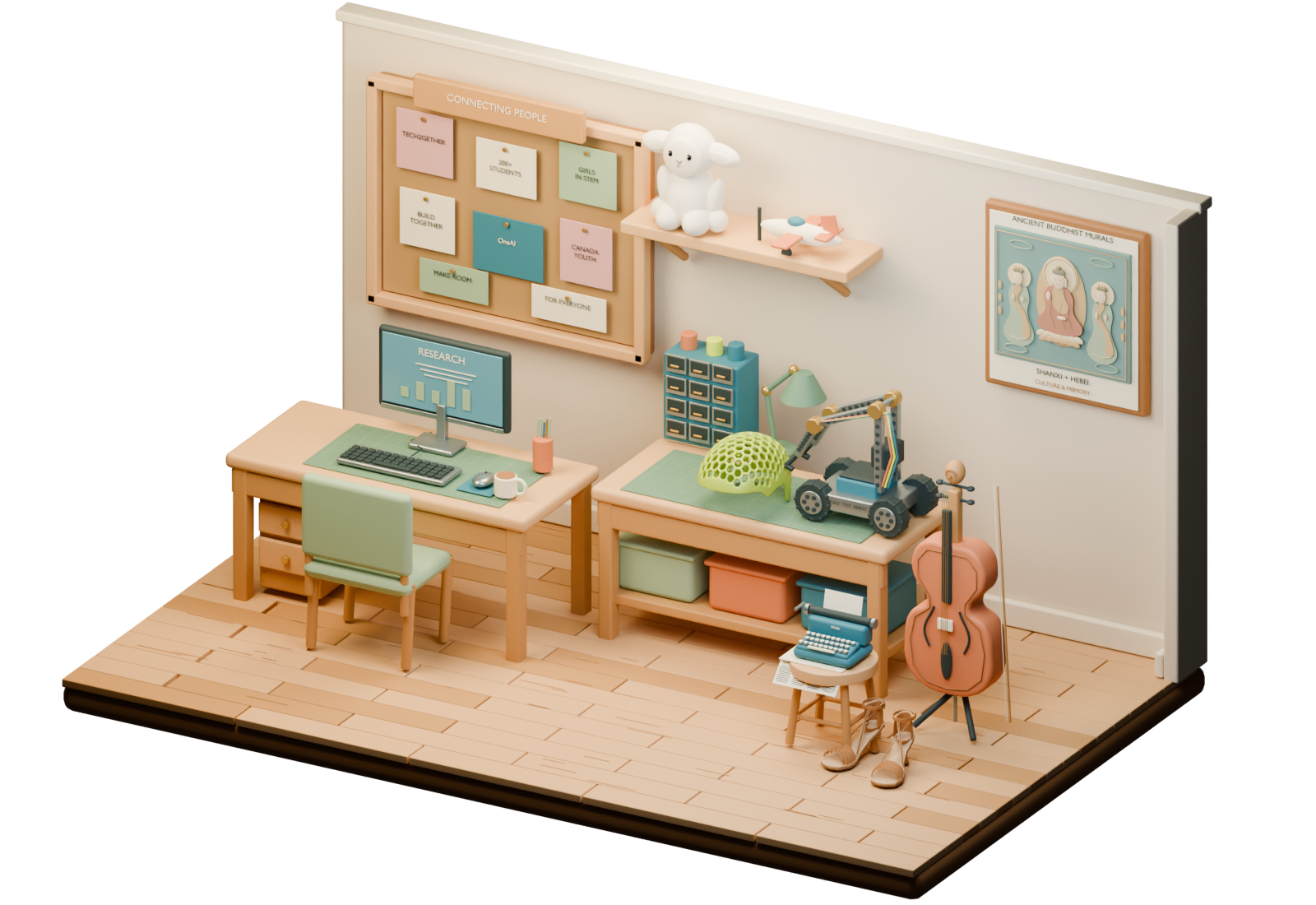 A warm miniature workshop with a bulletin board, sheep, plane, laptop, honeycomb helmet, robot, heritage poster, typewriter with newspaper, cello, and dance shoes